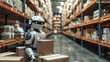 Robot With Headlights Preparing Orders in an Industrial Warehouse