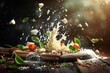 Splashing melted cheese with herbs and spices on rustic wooden board, digital illustration