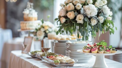 Elegant catering buffet table set up for wedding or special event, celebration concept