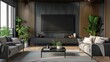 © Jelena - Elegant modern living room interior with large TV screen and comfortable sofa, home entertainment concept, 3D rendering