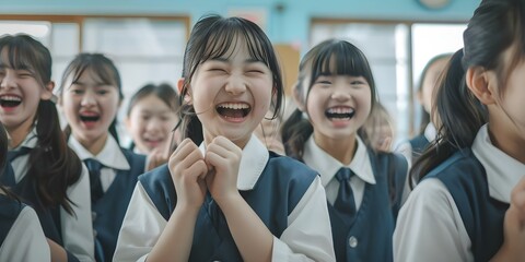 Diverse group of Asian schoolgirls in uniforms studying and having fun in a classroom. Concept Asian schoolgirls, Classroom activities, School uniforms, Diverse group, Studying and having fun