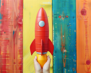 Wall Mural - Launch of a red rocket on colorful wooden background, 