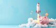 Rocket taking off and piggy bank on blue background, startup investment concept