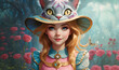 little girl Alice dressed in fashionable catty hat  in wonderland. close up. Digital artwork. Ai generated