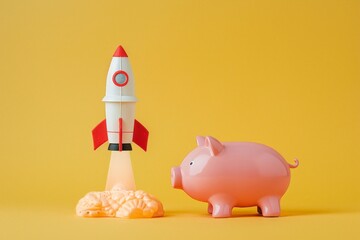 Wall Mural - Rocket taking off and piggy bank on yellow background with copy space, startup investment concept