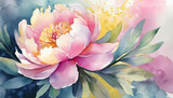 Fototapeta Kwiaty - Watercolor painting of Peony flower. Botanical hand drawn art. Beautiful floral composition.