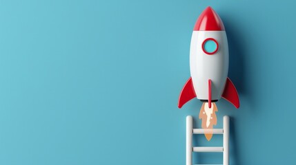 Wall Mural - Rocket taking off over white ladder on blue background, startup concept with copy space	