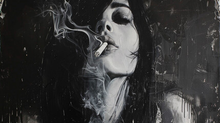 Close-Up of urban woman with Cigarette, Close-Up Portrait of Young Woman, Smoking, abstraction-creation, black and white	