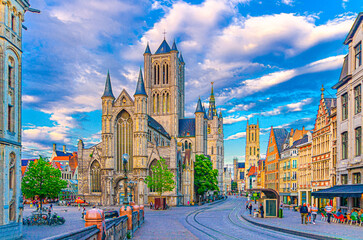 ghent city historical center with saint nicholas church on korenmarkt wheat market square, belfry he