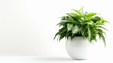 Wall Mural - Lush tropical plant with dense foliage in modern white vase, isolated on white background, studio photography