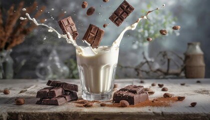 chocolate floating into a glass of milk with the milk splashing out. advertising concept