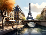 Fototapeta Paryż - Paris painting. Drawing of the Eiffel Tower in France.