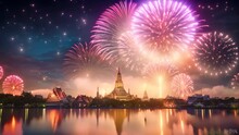 Fireworks Over Wat Arun Temple, Bangkok, Thailand, Beautiful Firework Show For Celebration With Blur Bokeh Light Over Phra Nakhon Khiri, AI Generated