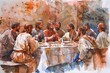 The Last Supper,Jesus Christ,Maundy Holy Thursday,New Testament scene,biblical watercolor illustration,Jesus and disciples,religious art,Christian faith,Bible story,Easter supper,Lord's supper