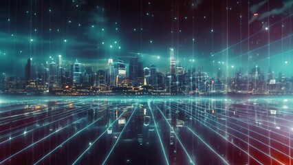 abstract digital technology concept with cityscape and binary code in blue tone, A futuristic urban city backdrop with blue network connection lines and a hologram effect, AI Generated