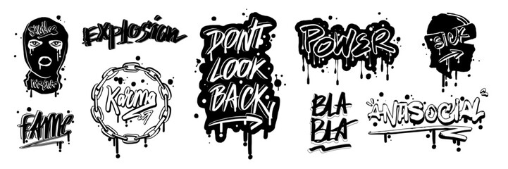 Wall Mural - Urban graffiti sticker set, vector street culture lettering print, splatter freehand grunge text. Underground city wall sign, modern calligraphy, gangster crime aesthetic, balaclava. Urban graffiti