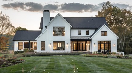 Modern white farmhouse with dark shingle roof and black windows, contemporary architecture exterior