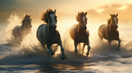 Wall Mural - Gorgeous picture of beautiful white and brown horses racing into the sunset on the beach towards the calm sea. On the beach in orange light, sunset.