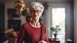 Smiling senior happy  mature woman with short white grey hair. Stylish old  grandmother looking at camera on blurred kitchen background