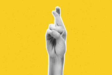 Collage element of crossed fingers hand. Halftone hand showing good luck sign, make wish. Cut out of magazine shape against yellow background with copy space. Grunge modern retro vector illustration