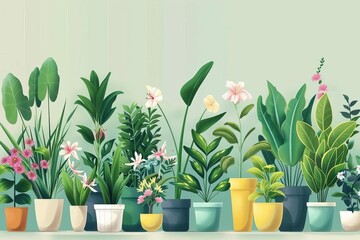 Wall Mural - Vibrant collection of potted houseplants and spring flowers on pastel background, digital illustration