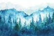 Watercolor Landscape with Fir Trees, Abstract Forest Nature Background Illustration