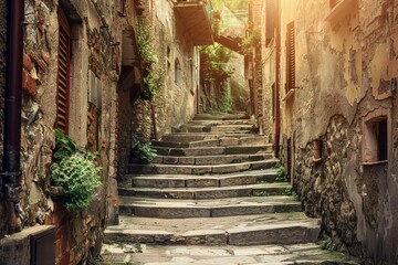  Vintage Italian alleyway with old stone walls and worn stairs, concept photo