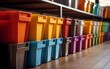 A line of vibrant bins sits atop a wooden floor, adding a burst of color and whimsy to the rustic setting