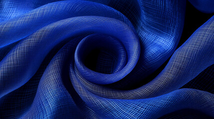 Spiral of soft blue material forming a vortex. Electric blue silk weave fabric on a dark background. A warm, elegant spiral background with an evocative mood.