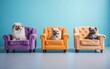 Three small dogs in vibrant chairs