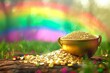 Whimsical pot of gold at the end of a vibrant rainbow, lucky charm illustration