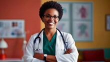 Portrait Of Positive African American Doctor In White Coat With Stethoscope. Professional Female Pediatrician Stands In Bright Office And Looks At Camera, Push In Shot.