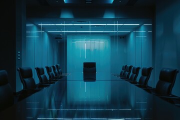 Poster - Empty Meeting Room with Blue Chairs and Black Board in Background for Office Architecture