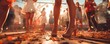 A photo of a lively dance floor at a summer beach party, with close-up on dancing feet and sandy floor, in a dynamic, --ar 5:2 Job ID: 25ddd2d7-4ded-4452-9c3c-90d1b4b4d081