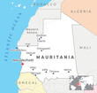 Mauritania Political Map with capital Nouakchott, most important cities with national borders