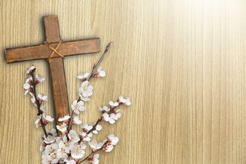 Wall Mural - Wooden Cross with bright decor for Easter holliday