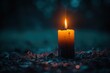 A single candle flame, burning brightly against the darkness of night, casting its warm glow on shadows and symbolizing hope in times like these.
