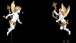 Two baroque style angel statues with golden accents isolated on a black background.