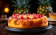 A vibrant pineapple upside down cake with caramelized rings and maraschino cherries on a white plate