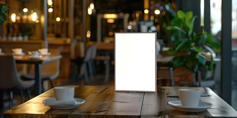 Wall Mural - A blank menu frame on a wooden table in a restaurant ready for marketing promotion. Concept Restaurant Marketing, Menu Display, Wooden Table Setting, Promotional Material, Advertising Strategy