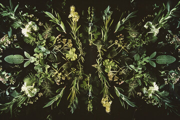 Wall Mural - Herbs and spices on black background. Top view. Flat lay.