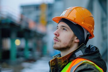 Wall Mural - Portrait of a young Caucasian male engineer at construction site