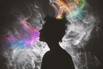 Sticker - A silhouette of a woman in a dark room with lights and smoke