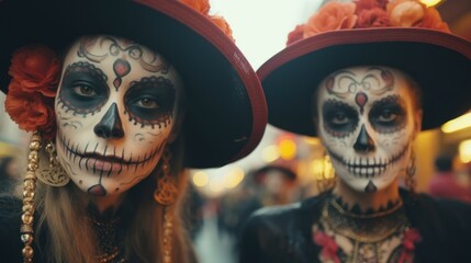 Wall Mural - Spooky elegance at the Mardi Gras festival-two girls don sugar skull makeup, a vision of celebration in black and white.