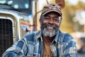 Wall Mural - Portrait of a middle aged male truck driver in front of truck