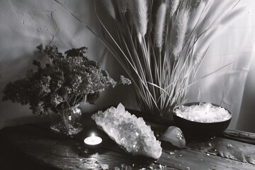 Wall Mural - still life with salt, candle and flowers on wooden table