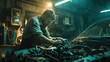 An expert technician meticulously tuning an engine in a dimly lit auto repair garage