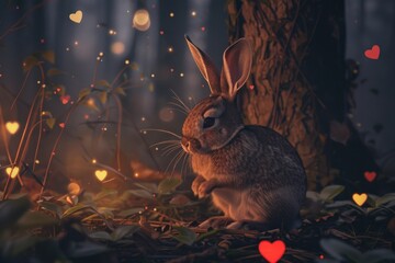 Wall Mural - small bunny sitting in the forest at night with hearts