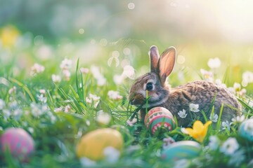 Wall Mural - Easter bunny and colorful eggs in green grass meadow with flowers