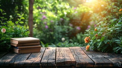 wooden table top with pile of books on fresh morning garden background and warm sunlight